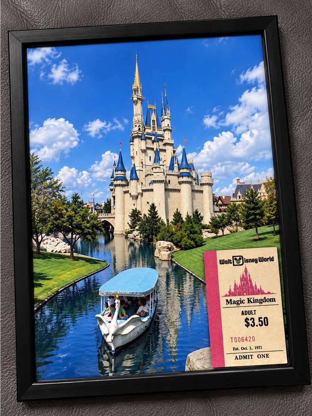Walt Disney World Magic Kingdom 1971 Ticket Reprint Framed w/ Cinderella Castle